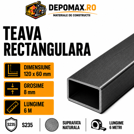 Teava rectangulara 120 x 60 x 8 mm, 6 metri